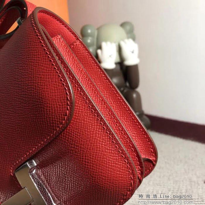 HERMES愛馬仕 空姐包 constance 國旗紅 EPSOM 18cm 銀扣 蠟線縫製 單肩斜挎包  Ama1498